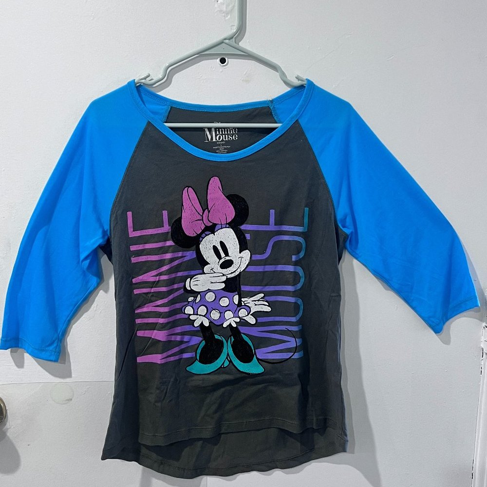 Disney Minnie Mouse Grey Blue Raglan Style Women's Shirt